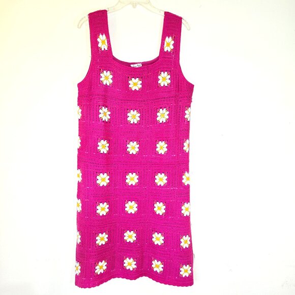 Kings Road Dresses & Skirts - KIngs Road Pink Crochet Lined Dress SL Square Neck Large NWT